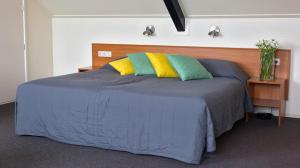 een bed met kleurrijke kussens in een kamer bij Hotel 't Zwaantje in Lichtenvoorde