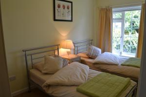 three beds in a room with a window at Nanis in Crantock