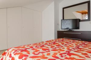 リーヴァ・デル・ガルダにあるLinden Apartmentのベッドルーム(ベッド1台、薄型テレビ付)