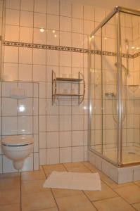 La salle de bains est pourvue d'une douche et de toilettes. dans l'établissement Hotel Rügen Park KG, à Gingst