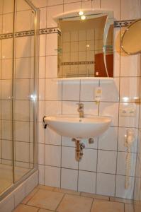 uma casa de banho com um lavatório e um chuveiro em Hotel Rügen Park KG em Gingst