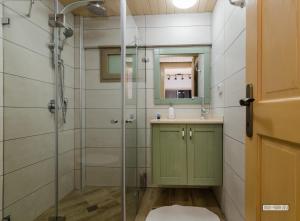 a bathroom with a shower and a sink at Dream Cabin in Tiberias