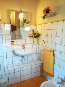 y baño con lavabo y espejo. en Apartments Borgo Toscano en Gambassi Terme