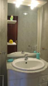 La salle de bains est pourvue d'un lavabo et d'un grand miroir. dans l'établissement Apartamento Alegria, à Saint-Jacques-de-Compostelle