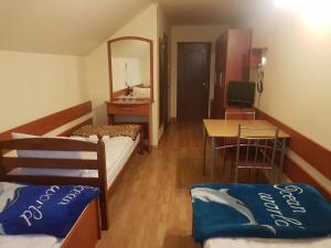 ein Hotelzimmer mit einem Bett, einem Tisch und einem Schreibtisch in der Unterkunft Casa Agnes Vendeghaz in Fîntînele