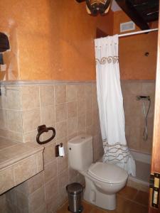 a bathroom with a toilet and a shower curtain at Casa rural L'Hospital in Vistabella del Maestrazgo