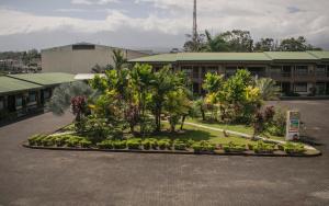une cour avec des arbres et des plantes devant un bâtiment dans l'établissement Hotel Suerre, à Guápiles