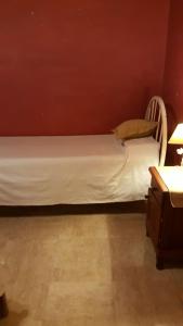a bed in a room with a red wall at Los Colorados Hostal in Angastaco