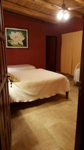 a bedroom with a white bed in a red wall at Los Colorados Hostal in Angastaco