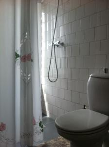 a bathroom with a toilet and a shower curtain at Hotel Brinkzicht in De Koog