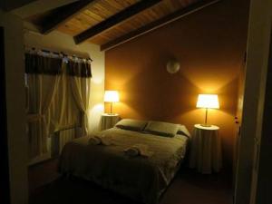 Un dormitorio con una cama con dos lámparas encima. en Hotel Jardin del Lago, en Villa Carlos Paz