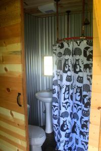 a bathroom with a toilet and a shower curtain at Hawk's Rest in Oakhurst