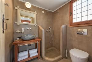 a bathroom with a shower and a sink and a toilet at Asymi Residences in Symi