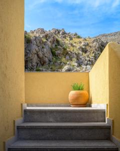 a vase sitting on the steps of a building at Asymi Residences in Symi