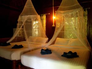 2 Betten in einem Zimmer mit Netzen darauf in der Unterkunft Koh Tao Royal Resort in Ko Tao