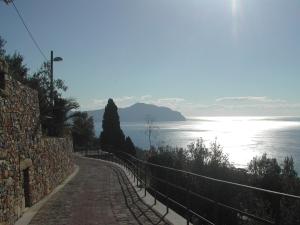 a brick road next to the water with a mountain at Hotel Esperia in Genoa