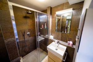 y baño con ducha, lavabo y espejo. en Rooftop Triplex Apartment in Centre, en Hradec Králové