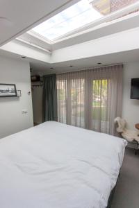 een slaapkamer met een groot wit bed en een dakraam bij In het Assendorpje in Zwolle