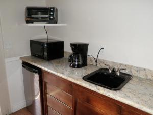 a kitchen counter with a sink and a microwave at Little Red Caboose in Oakhurst