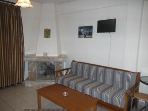a living room with a couch and a fireplace at Dimitra's Apartments in Olympic Beach