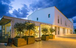 a large white building with potted trees outside of it at Hotel Es Marès in Sant Francesc Xavier