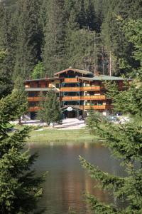 a large building with a lake in front of it at Alpen Appartements in Zauchensee