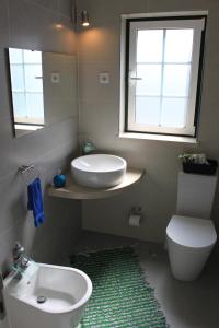 uma casa de banho com um lavatório, um WC e uma janela. em Avo das Bolachas nº 12 na Nazaré