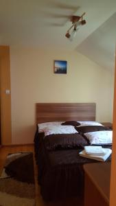 a bedroom with two beds and a ceiling at Cabana Cory Râușor in Râu de Mori