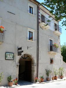 un gran edificio con una puerta y algunas macetas en Residence Il Palazzo, en Santo Stefano di Sessanio