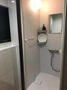 bagno con servizi igienici, lavandino e specchio di Guest House Kuranomachi ゲストハウス蔵の街 a Tochigi