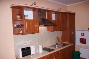 a kitchen with wooden cabinets and a sink and a microwave at Gościniec Pan Tadeusz in Giżycko