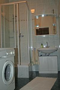 ドレスデンにあるPoncet´sches Herrenhausのバスルーム(洗濯機、シンク付)