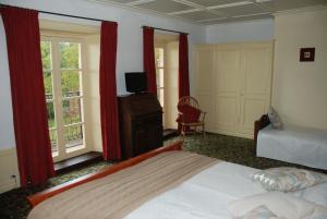 Schlafzimmer mit einem Bett, einem TV und Fenstern in der Unterkunft B&B Chateau le Bois in Saint-Julien-aux-Bois