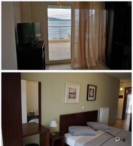 a bedroom with a bed and a tv and a room with a window at Ameris Studios & Apartments in Neos Marmaras
