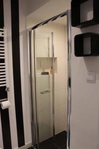 a shower with a glass door in a bathroom at Morski Relax in Gdynia