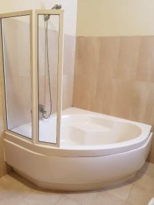 Occazia Residence في كولومبو: حوض استحمام أبيض في الحمام