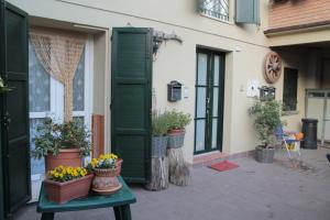 eine Terrasse mit Topfpflanzen auf einem Tisch neben einem Gebäude in der Unterkunft Le Ruote in Vezzano sul Crostolo