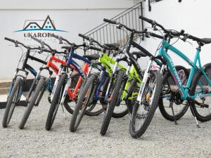 una fila de bicicletas estacionadas al lado de un edificio en u Karola w Szczawnicy en Szczawnica