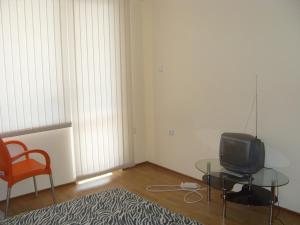 スヴェティ・ヴラスにあるNick's Apartment in Sviati Vlasのリビングルーム(テレビ、ガラスのテーブル付)