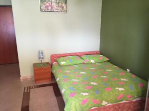 ein Schlafzimmer mit einem Bett mit einer grünen Bettdecke in der Unterkunft Studio Apartment Antonija in Opatija