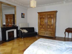 ストラスブールにあるLes Serruriers - Appartement Spacieux avec Terrasse & Parkingのベッドと椅子と暖炉のある寝室