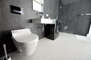 La salle de bains est pourvue de toilettes blanches et d'un lavabo. dans l'établissement City Center Aupark Apartment, à Piešťany