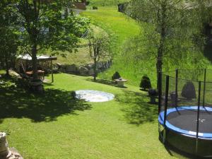 einen Hinterhof mit einem Trampolin im Gras in der Unterkunft Haus Keti in Riezlern
