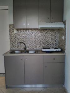 a kitchen with gray cabinets and a sink at Enalion Apartments in Agios Ioannis Kaspaka