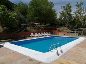 a swimming pool with lounge chairs next to it at Cabaña de Madera la Encina in Burunchel