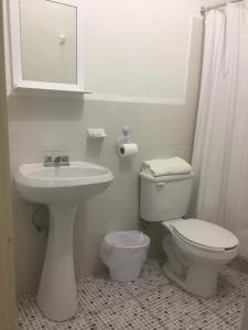 a bathroom with a toilet and a sink and a mirror at Hotel Florida in Villahermosa