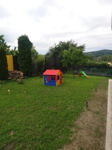 a toy house on the grass in a yard at Casa Ariana in Curtea de Argeş