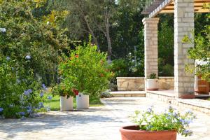 a garden with flowers and plants in pots at Alkyon Villas in Syvota