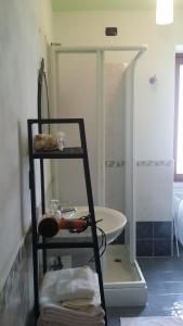 a bathroom with a shower and a shelf with a sink at La Casa Di Valerio in Montabone
