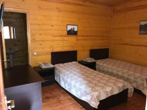 two beds in a room with wooden walls at Отель Гудоу in Gudauta